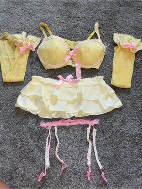 HOUSE BUNNY/ TRASHY LINGERIE Custom Inspired Yellow & Pink Lace Lingerie Set
